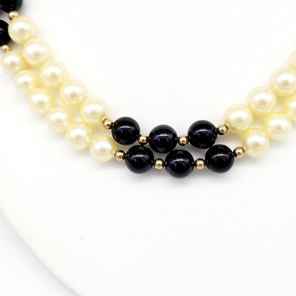 Vtg Glass Faux Pearl Black Beaded Necklace 14/20 Gold Filled Clasp Double Strand - Picture 3 of 9